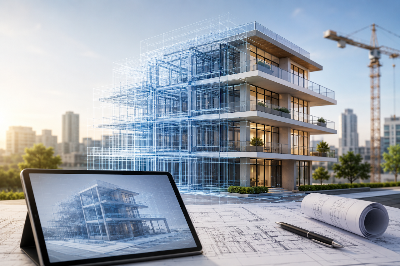 Visualizzazione digitale di un edificio in ambiente BIM con modello 3D collaborativo e workflow interoperabili nel settore delle costruzioni.