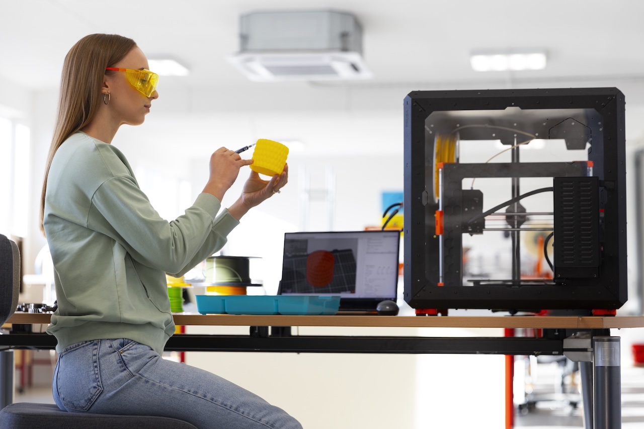Professionista al lavoro su un modello stampato in 3D, con software CAD e stampante 3D: esempio di utilizzo pratico di Fusion with Netfabb per la preparazione dei file.